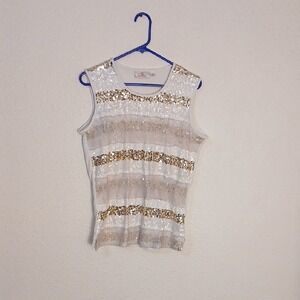 Quacker Factory Gold and White Sequin Tank Top